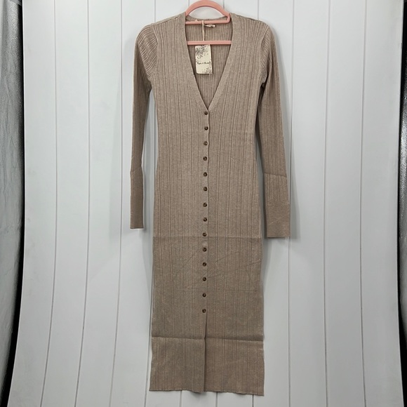 🆕Hem & Thread Ribbed Dress Longline Duster Cardigan Sweater Dress Khaki Color - Picture 4 of 9